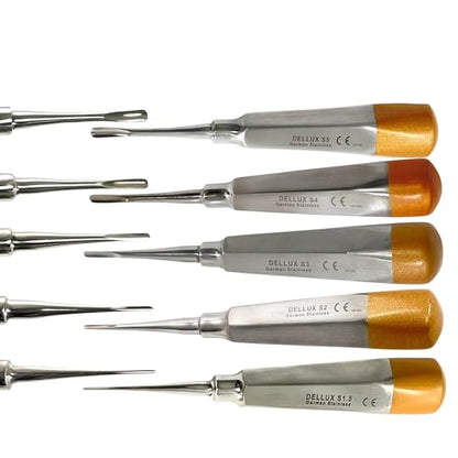 1.5, 2mm, 3mm, 4mm, 5mm, Straight Tipped Hollow Handle Root Extraction Elevators | Stainless Steel German | 5 Piece Bundle - Gold