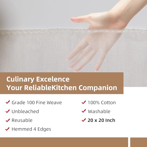 6-Pack Cheesecloth 20x20" Grade 100-100% Unbleached Cotton (Food-Grade), Fine Filtration for Silky Nut Milk & Safe Cheese Making, Reinforced Edges No Lint
