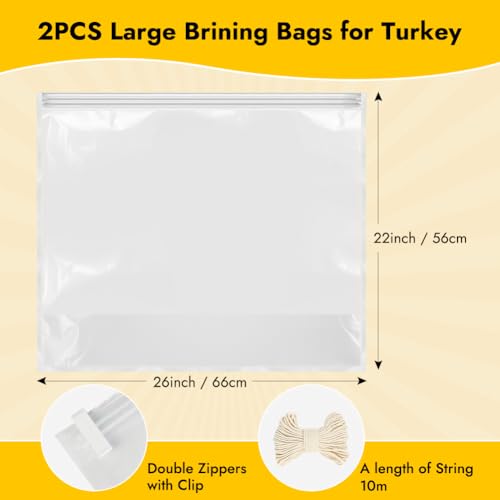 Large Brining Bags for Turkey | 26"×22" | Holds up to 35lbs | Double Zippers Seal | Heavy Duty Brine bags Thickened for Turkey & Meat | Thanksgiving & Holiday Feast Essential | 2 Pack - size: 2 Pack