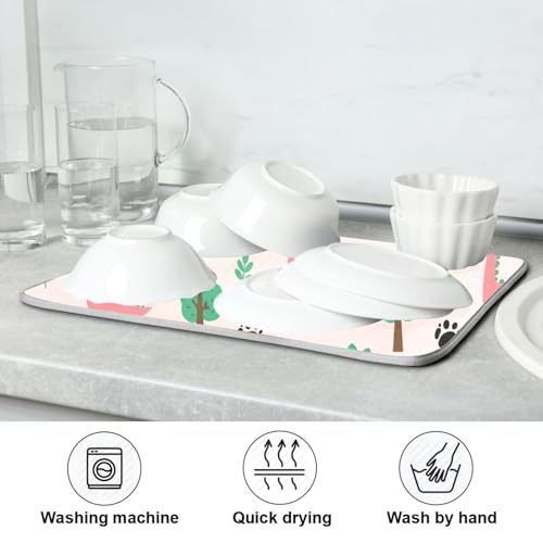 Dinosaur Tree Pink Dish Drying Mat for Kitchen Counter Super Absorbent Draining Mat with Non-slip Backed Sink Mats for Draining Racks Countertops Sinks Dish Bottles Cups Bowl
