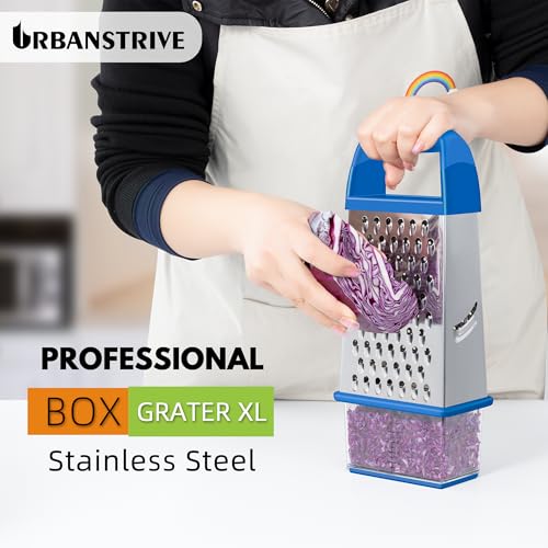 Urbanstrive Cheese Grater With Container, Professional Cheese Grater with Handle, Stainless Steel Graters for Kitchen Handheld, Box Grater with 4 Sides for Vegetables, Ginger, Potatoes (Dark Blue) - color: Dark Blue