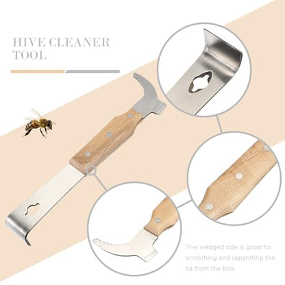 OSALADI Stainless Steel Beehive Scraper with Hook Wooden Handle Thickened Hive Frame Lifter Beekeeping Cleaning Tool for Hive Maintenance