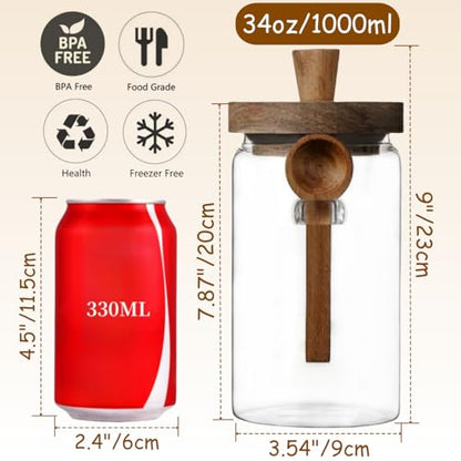 ANSQU 2 Pack Glass Jars with Wooden Lids & Spoons, 34oz Food Storage Containers Coffee Jar Coffee Grounds Container, Food Storage Canister - size: 34oz-2pack (φ3.54")