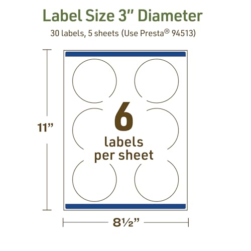 Avery Dissolvable Round Labels, Sure Feed Technology, 3" Diameter, Matte White, Print-to-The-Edge, Laser/Inkjet Printable, 30 Labels Total - style: 30 labels