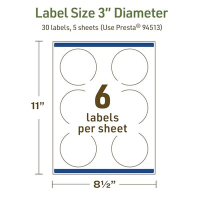 Avery Dissolvable Round Labels, Sure Feed Technology, 3" Diameter, Matte White, Print-to-The-Edge, Laser/Inkjet Printable, 30 Labels Total - style: 30 labels