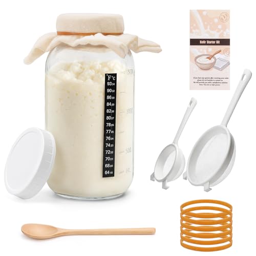 Kefir Starter Kit, 64oz Mason Fermentation Jar with 2 Kefir Strainers, kombucha starter kit with wooden spoon.Complete DIY Kefir for Home Brewing