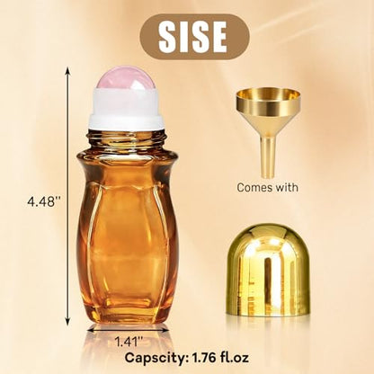 4 Pack Rose Quartz Roller Bottles for Essential Oils, 50ml Refillable Amber Glass Roll On Bottles with Natural Crystal Roller Balls, Leak-Proof Travel Perfume Bottle with Gold Caps - size: 4 Pack