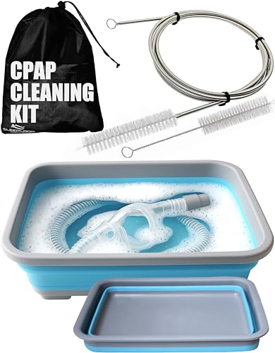 CPAP Cleaning Kit for Hose and Mask, CPAP Hose Cleaning Brush, Collapsible Wash Basin, Storage Bag, Compatible with Standard and Slimline CPAP Tubing (Basin + Brush Kit)