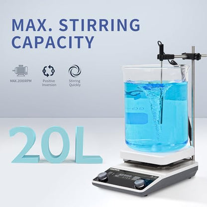 6.7 Inch Magnetic Stirrer Hot Plate Max 20L Stirring Capacity LCD Display Magnetic Stir Plate Max Temp. 350℃/662°F Hotplate Stirrer 2000RPM,Stir Bar&Temp Probe Sensor&Support Stand Included - size: 20L