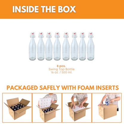 FastRack Swing Top Glass Bottles |16 oz – Pack of 8 | Clear, Flip Top Glass Bottles for Home Brewing, Carbonated Drinks, Kombucha, Fermentation, Water | Food Grade – ECO Friendly - size: 8 Pack