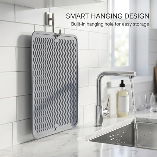 Silicone Dish Drying Mat for Kitchen Counter, Heat Resistant Dish Drainer, Easy to Clean Eco-Friendly Sink Liner, Non-Slip Drawer & Countertop Liner (16 x 12, Gray)