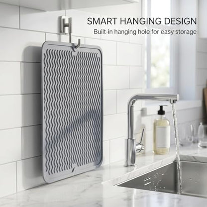 Silicone Dish Drying Mat for Kitchen Counter, Heat Resistant Dish Drainer, Easy to Clean Eco-Friendly Sink Liner, Non-Slip Drawer & Countertop Liner (16 x 12, Gray)