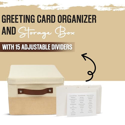 Greeting Card Organizer Box with 15 Dividers | Holds 150+ and Collapses When not in Use | Stylish Greeting Card Storage Box Organizer - style: Box with Dividers