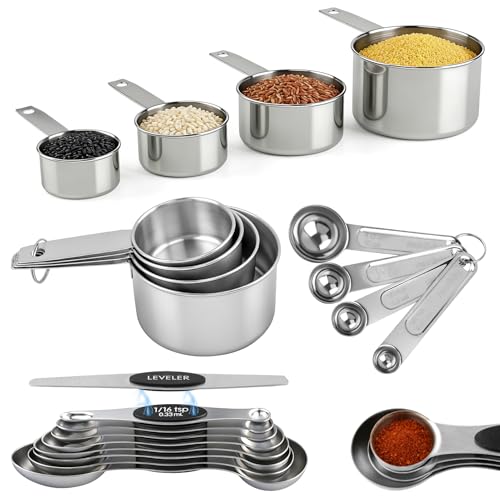 Measuring Cup and Magnetic Measuring Spoons Set, 8 Stainless Steel Nesting Measuring Cup & 8 Double Sided Stackable Magnetic Measuring Spoons & 1 Leveler for Cooking Dry & Liquid Ingredients