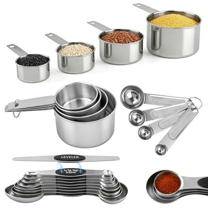 Measuring Cup and Magnetic Measuring Spoons Set, 8 Stainless Steel Nesting Measuring Cup & 8 Double Sided Stackable Magnetic Measuring Spoons & 1 Leveler for Cooking Dry & Liquid Ingredients