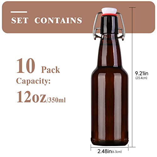 Amber Beer Bottles with Flip Caps, 12oz 10 Pack Glass Bottle with Swinging Top for Airtight Lids, Home Brewing and Fermentation Kombucha, Vanilla Extract, Beverage, Water, Kefir - size: 12 Ounces (10 Pack)