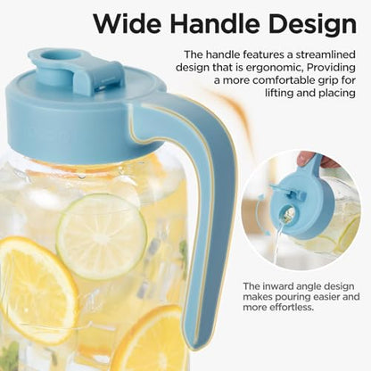 Mason Jar Pitcher - Airtight & Leakproof Glass Pitcher with Lid, Perfect for Breastmilk, Cold Brew, and Sun Tea, 2 Quart (64 oz) Mason Jar with Pour Spout Lid - color: Sky