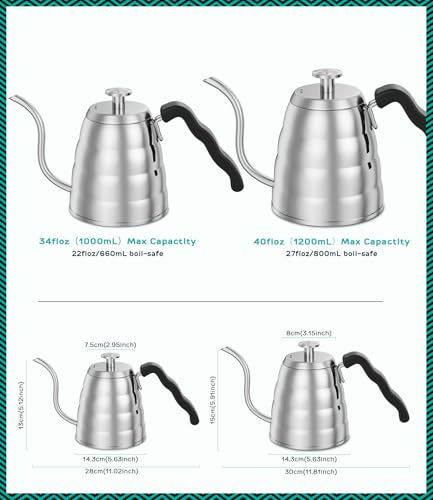Coffee Gator Gooseneck Kettle with Thermometer - 40oz Premium Stainless Steel Pour Over Coffee Maker Kettles, Stove Top, w/Precision Drip Spout, for Drip Coffee, French Press, Tea Kettle, 5 Cup, 1.2L - size: 40 fl oz