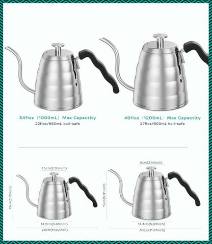 Coffee Gator Gooseneck Kettle with Thermometer - 40oz Premium Stainless Steel Pour Over Coffee Maker Kettles, Stove Top, w/Precision Drip Spout, for Drip Coffee, French Press, Tea Kettle, 5 Cup, 1.2L - size: 40 fl oz