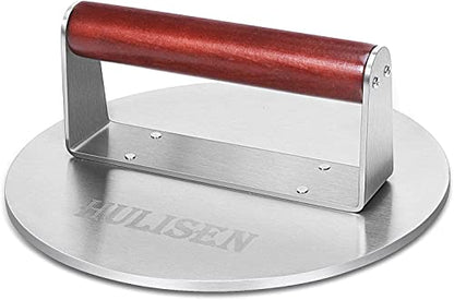 HULISEN 8.5-Inch Burger Press, 2.5 lbs Heavy Duty Bacon & Grill Press, Stainless Steel Smashed Burger Press, Round Smasher with Wood Handle, BBQ Griddle Accessories for Hamburger, Steak, Meat - size: 8.5 Inch Round