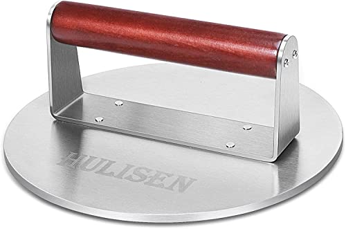 HULISEN 8.5-Inch Burger Press, 2.5 lbs Heavy Duty Bacon & Grill Press, Stainless Steel Smashed Burger Press, Round Smasher with Wood Handle, BBQ Griddle Accessories for Hamburger, Steak, Meat - size: 8.5 Inch Round