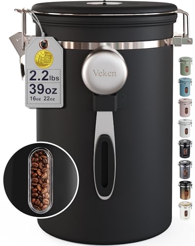 Veken Large Coffee Canister with Window, Kitchen Food Storage Airtight Stainless Steel Container for 2.2lbs Coffee Beans, Grounds, Rice,Tea, Flour, Cereal, Sugar Jars,Date Tracker and Scoop 39oz,Black - color: Black, size: 39 oz