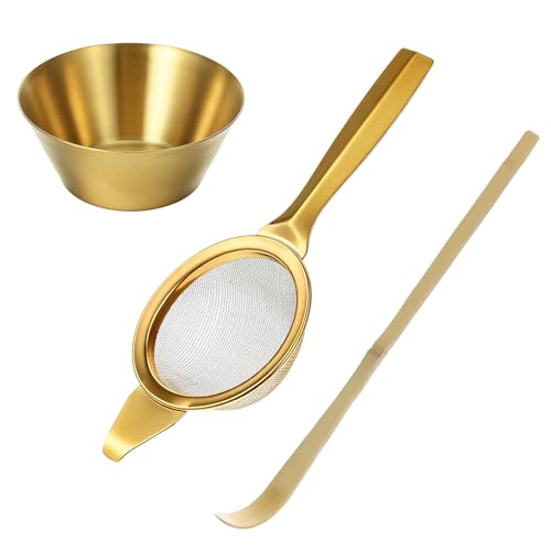 3 Pcs Matcha Strainer Set, 2.2 Inch 30 Mesh Matcha Sieve with Wooden Scoop & Bowl, Stainless Steel Mini Sifter for Loose Tea, Coffee and Cocktail, Gold & Wood Color