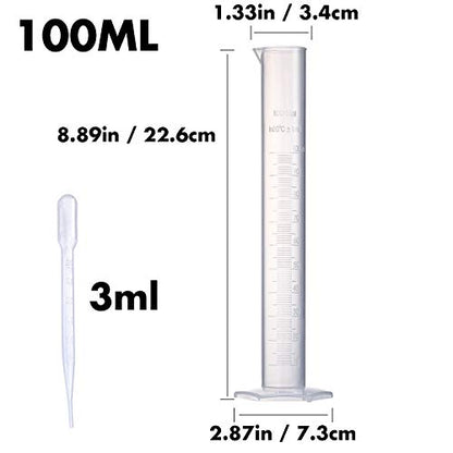 Measuring Cylinder Set, 4 Sizes Graduated Polypropylene Lab Test Tubes in 100 ml, 50 ml, 25 ml, 10 ml for Laboratory, & Science Experiments with 4 Plastic Droppers in 3 ml
