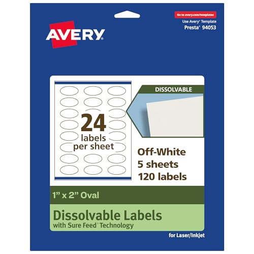 Avery Dissolvable Oval Labels, Sure Feed Technology, 1" x 2", Matte White, Print-to-The-Edge, Laser/Inkjet Printable, 120 Labels Total - style: 120 labels