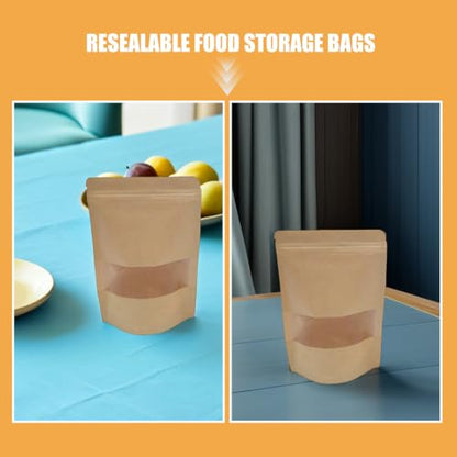 Alasum 50pcs Stand-up Kraft Paper Seal Bags with Window, Resealable Eco-friendly Food Storage Bags for Bread and Cheese, for Pantry Organizing and Snack Packaging