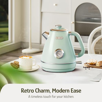 Hazel Quinn Retro Electric Kettle - 1.7 Liters / 57.5 Ounces Tea Kettle with Thermometer, All Stainless Steel, 1200 Watts Fast Boiling, BPA-free, Cordless, Automatic Shut Off - Mint Green - color: Mint Green