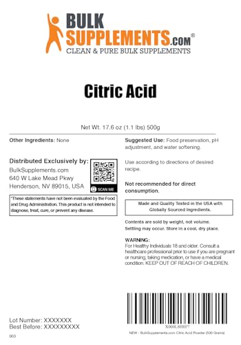 BulkSupplements.com Citric Acid Powder - Citric Acid Food Grade, for Flavor Enhancer, & Cleaning, Citric Acid for Bath Bombs - Anhydrous & Gluten Free, 500g (1.1 lbs) (Pack of 1) - size: 17.6 Ounce (Pack of 1)
