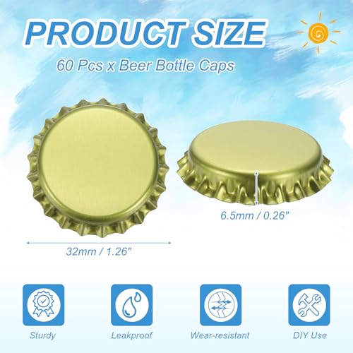 uxcell 60 Pcs Oxygen Absorbing Beer Bottle Caps, 32mm Pry Off Bulk Crown Caps Bottle Toppers for Soda Beer Wine Glass Bottles Home Brewing DIY Pendants or Craft Scrapbooks, Gold - color: Gold