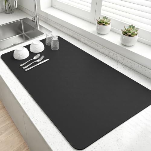 LOPNUR Kitchen Dish Drying Mat, 31.5"x17" Extra Large Dish Drying Mats for Kitchen Counter, Diatomite Coffee Mat Super Absorbent Dish Drying Pad, Heat Resistant Mat with Anti-slip Rubber Backed, Black - color: Black, size: 31.5" x 17"