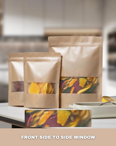 24/7 Bags- 100 Pack, Kraft Paper Stand Up Pouch Bag- 7.8" x 10", Resealable Zip-Lock with Front Window, Zero BPA, Easy Tear Notch, Self Stand Up, Food Grade Interior Coating - size: 7.8"x10"- 100 Count