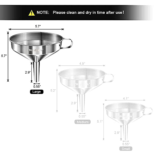 Large Stainless Steel Funnel, Walfos Kitchen Funnel with 2 Removable Strainer ＆ 1Pc Cleaning Brush, Perfect for Transferring of Liquid, Oils, Jam, Dry Ingredients & Powder (Big, 5.7") - color: 1pcs funnel 5.7 inch