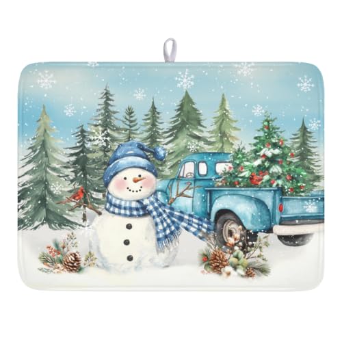 Giwawa Winter Snowman Blue Dish Drying Mat Xmas Truck Dishes Pad 18"x24" Microfiber Absorbent Drainer Rack Mats Protector for Kitchen Counter Sink - color: Blue Snowman Truck, size: 18x24 inch