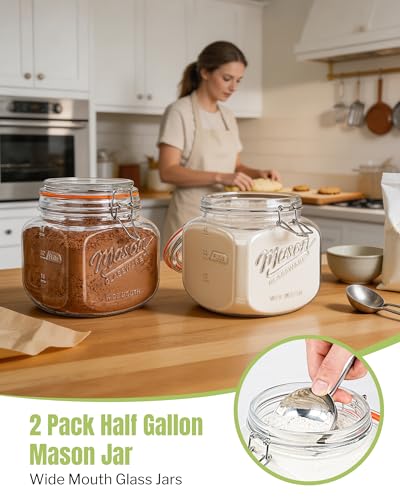 Half Gallon Mason Jar with Airtight Lid - Leakproof 64 Oz Wide Mouth Mason Jar for Sourdough Starter, Pickling, Flour Sugar Cookie Candy Storage, Pantry Organization and Kitchen Storage, 2 Pack