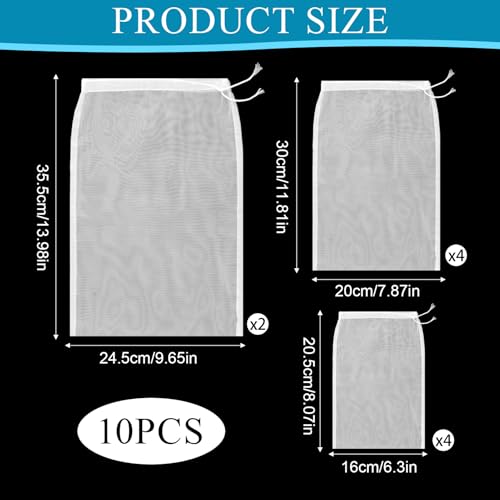 10Pcs Cheese Cloth Bag For Straining Reusable Nut Milk Bags Nylon Washable Fine Mesh Strainer Bags for for Almond Yogurt Juice Cheese Making Cold Brew Coffee Beer Tea (10Pcs 3 Size)