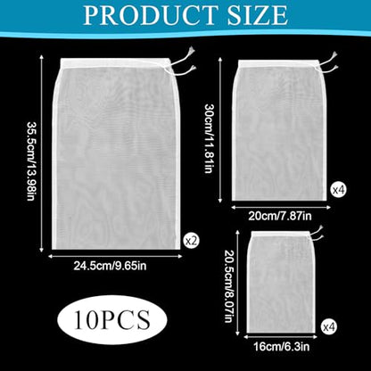10Pcs Cheese Cloth Bag For Straining Reusable Nut Milk Bags Nylon Washable Fine Mesh Strainer Bags for for Almond Yogurt Juice Cheese Making Cold Brew Coffee Beer Tea (10Pcs 3 Size)