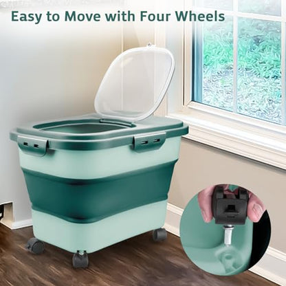 Komzon Rice Storage Containers, Collapsible 20 to 30Lbs Food Storage Bin Dispenser with Rolling Wheel and Clear Airtight Lid, BPA Free Flour, Sugar, Cereal and Dog Cat Pet food Containers - color: Green