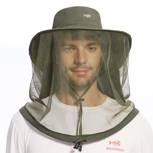 BASSDASH UPF 50+ Mosquito Net Hat with Stowable Neck Flap for Men Women Outdoor Fishing Hiking Camping Gardening FH17 - color: Army Green, size: Large