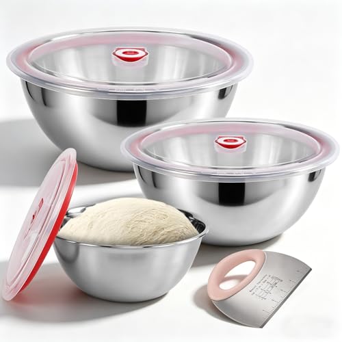 3 PCS Pizza Dough Proofing Container Set, 27oz/40oz/60oz 304 Stackable Stainless Steel Proofing Box with Clear Lid, Includes Dough Scraper, Ideal for Bulk Fermentation of Sourdough & Bread