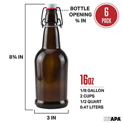 Ilyapa 16oz Amber Glass Beer Bottles for Home Brewing - 6 Pack with Airtight Rubber Seal Flip Caps - size: 6 pack