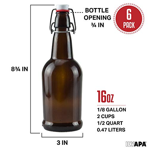 Ilyapa 16oz Amber Glass Beer Bottles for Home Brewing - 6 Pack with Airtight Rubber Seal Flip Caps - size: 6 pack