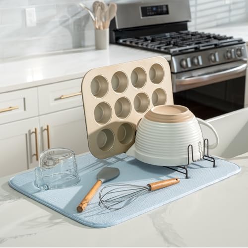 S&T INC. Dish Drying Mat XL, 18” x 24”, Absorbent Microfiber Kitchen Counter Mat, Dish Drying Pad for Dishes, Utensils, Pots and Pans, Extra Large, Sky Blue - size: 18" x 24"