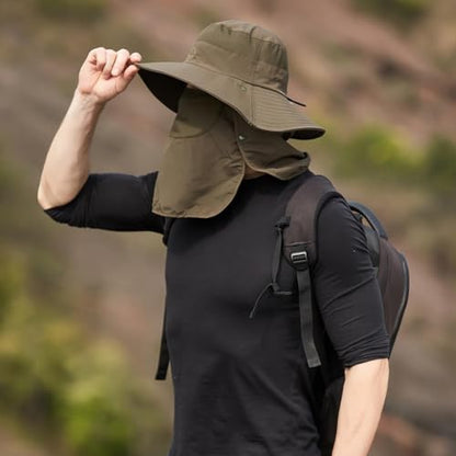 Sun Hats for Men Women Fishing Hat UPF 50+ Breathable Wide Brim Summer UV Protection Hat - color: Army Green(with Face Cover & Neck Flap )