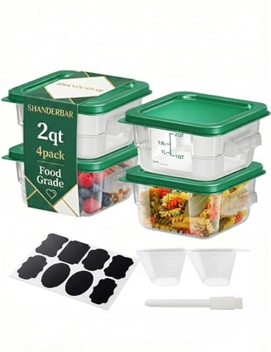 4 Pack 2QT Food Storage Containers with Green Lids, Clear Square Restaurant Commercial Food Storage Containers with Handle and Scale, Marinating Container Dough Rising Bucket for Home & Dining - color: Green, size: 2QT