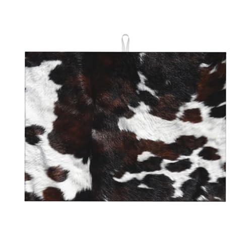 Cow Print Dish Drying Mat for Kitchen Counter 18 x 24 inch Cows Dish Drainer Rack Mats with Hanging Loop Western Cowhide Dishes Drainer Pads Animal Skin Drying Pad for Countertop - color: black brown