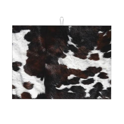 Cow Print Dish Drying Mat for Kitchen Counter 18 x 24 inch Cows Dish Drainer Rack Mats with Hanging Loop Western Cowhide Dishes Drainer Pads Animal Skin Drying Pad for Countertop - color: black brown